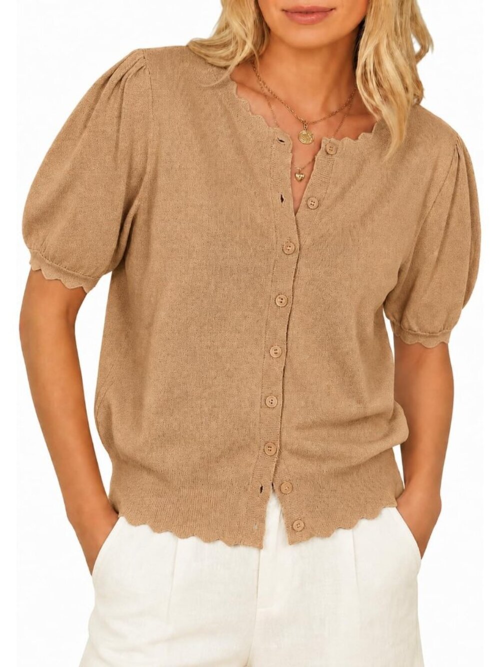 Women's Light Camel Short Sleeve Crew Neck Button Up Imported Sweaters Cardigan